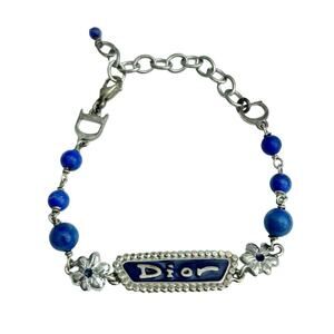 AUTH VTG Christian Dior Lapis Gemstone Silver Chain Logo Nameplate Bracelet